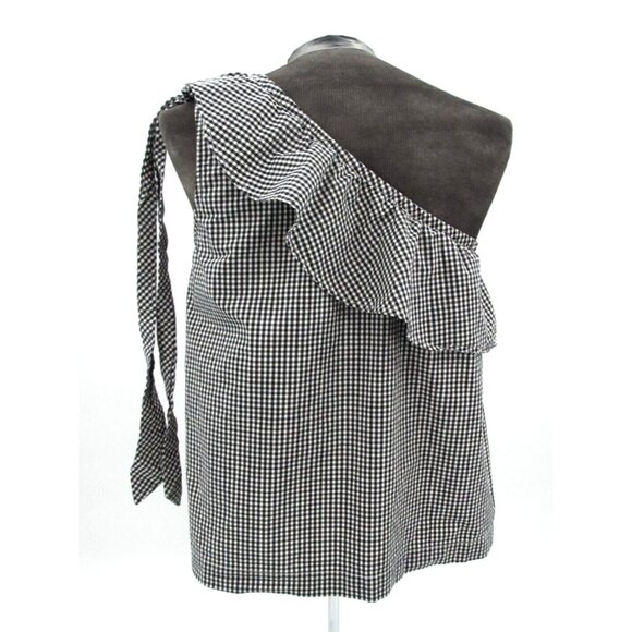 Vineyard Vines Blouse Womens 12 Plaid Stretch Seersucker Ruffle One Shoulder Tie - Picture 3 of 13